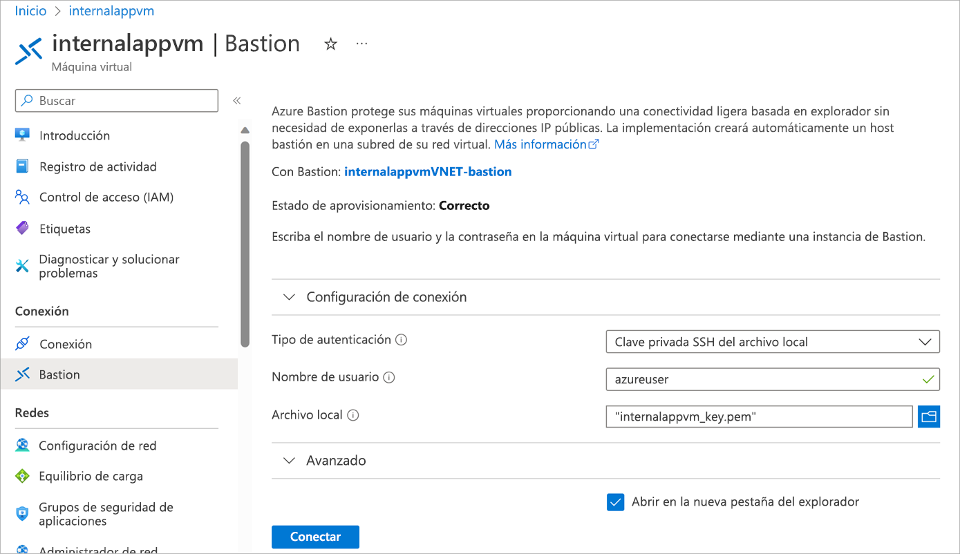 Captura de pantalla de la página de conexión de Azure Bastion con los campos de nombre de usuario y archivo local rellenados.