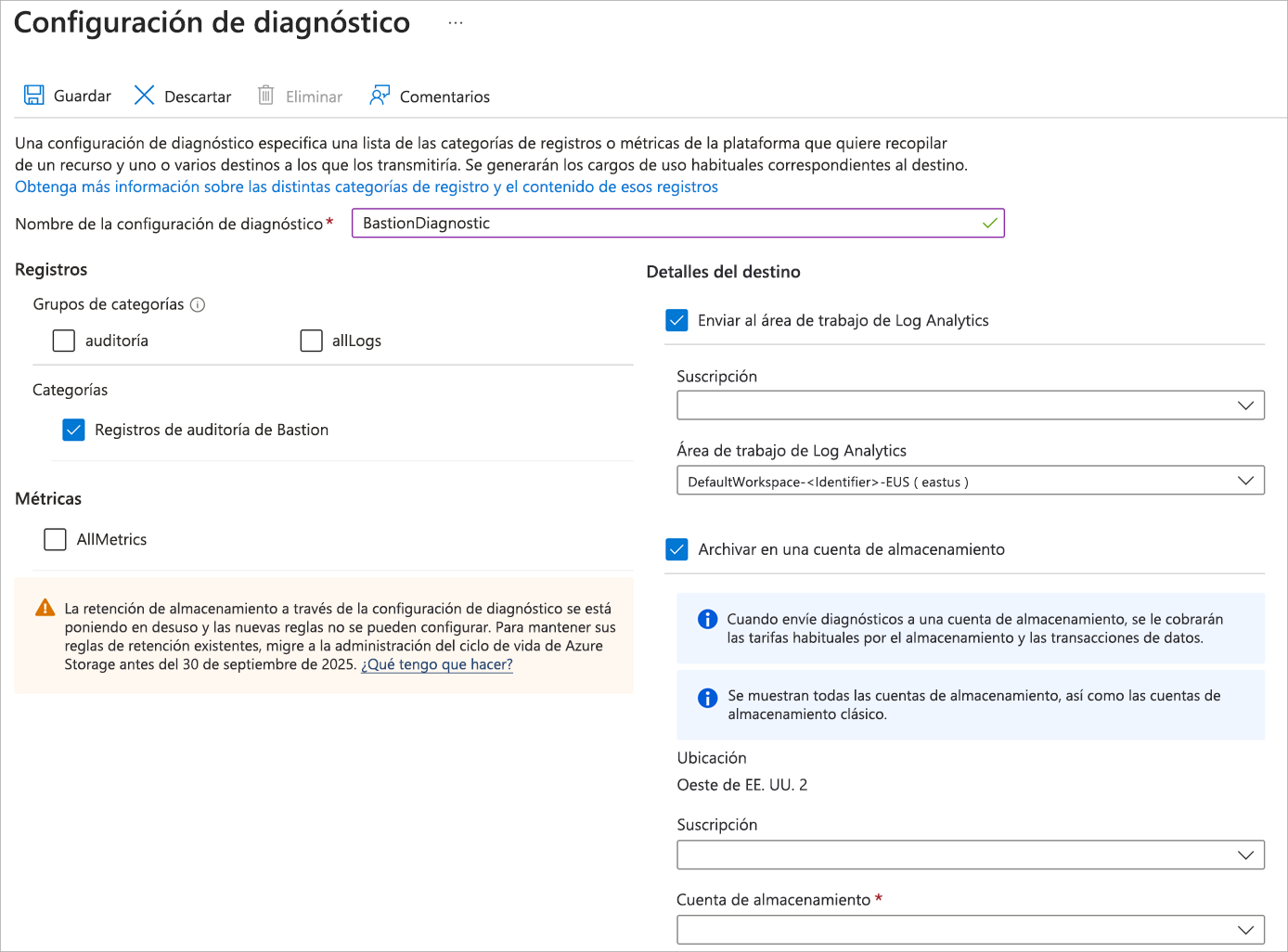 Captura de pantalla que muestra la página Configuración de diagnóstico completada.