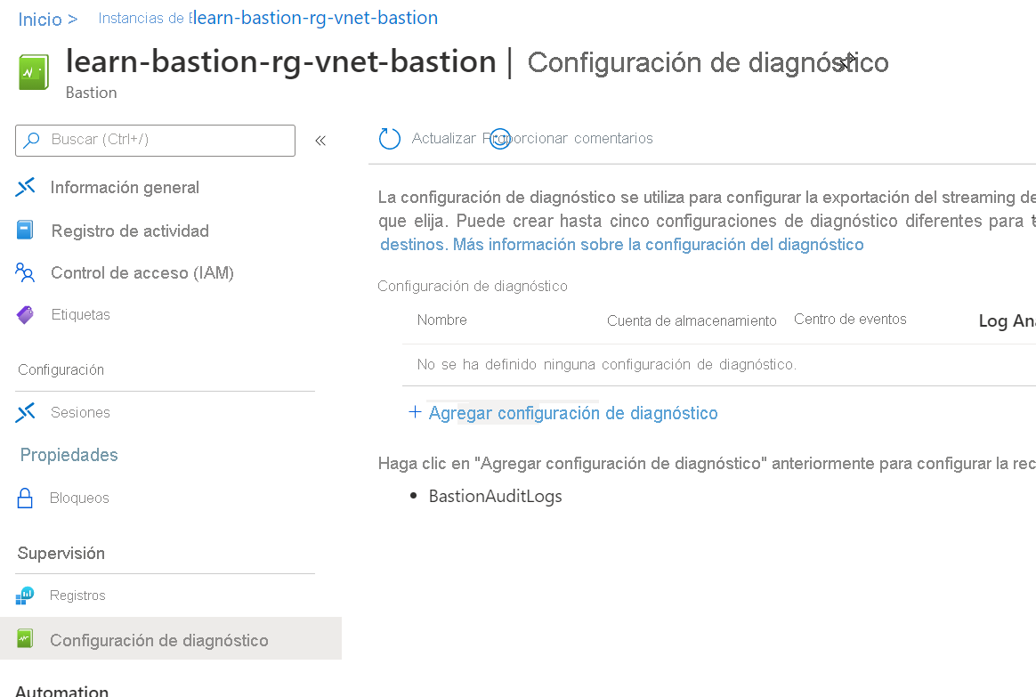 Captura de pantalla que muestra el vínculo Agregar configuración de diagnóstico en la página Configuración de diagnóstico.