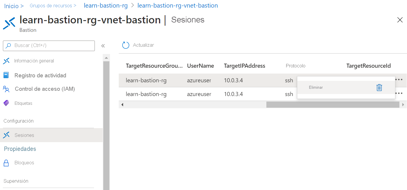 Captura de pantalla de la página Sesiones de Azure Bastion con la opción Eliminar seleccionada en una de las dos sesiones.