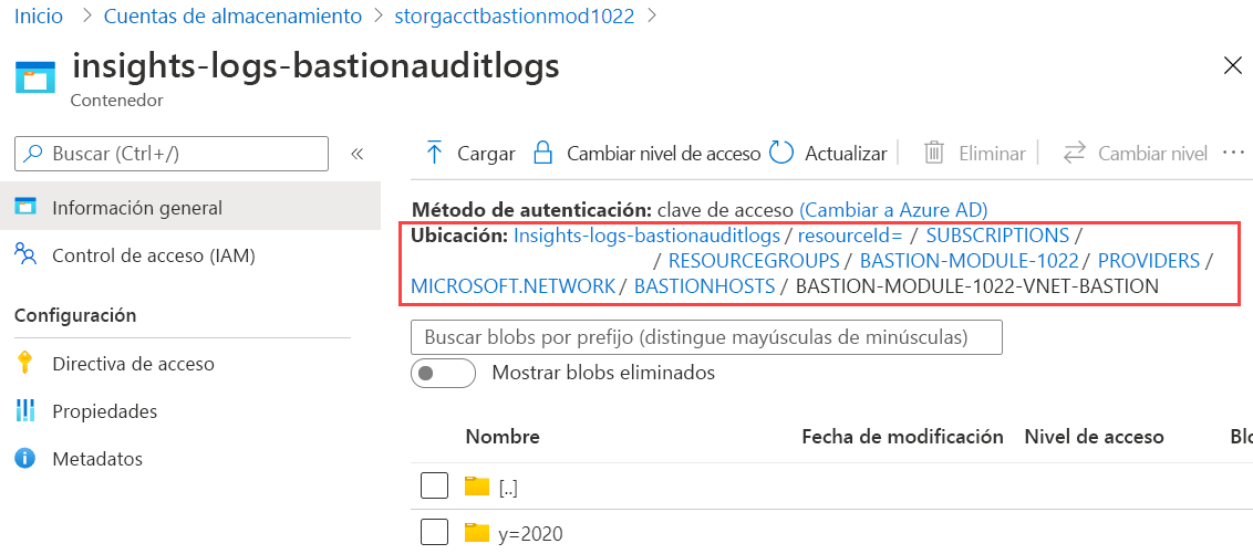 Captura de pantalla de los registros de las conclusiones de Azure Bastion que muestra que el nivel de ubicación de carpeta está en el recurso de host de Azure Bastion.