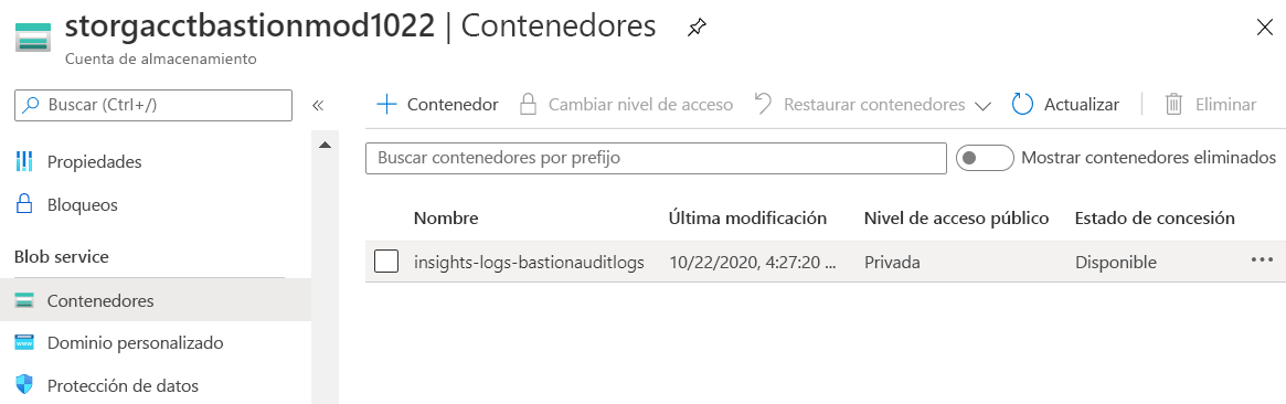 Captura de pantalla de una cuenta de almacenamiento con un contenedor denominado 