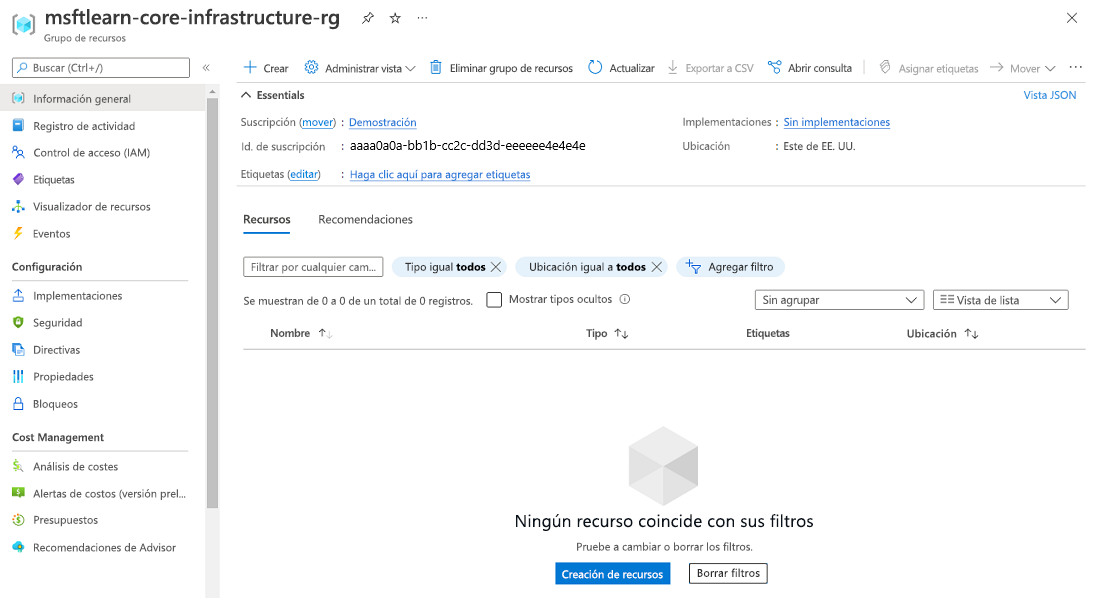 Captura de pantalla de Azure Portal en la que se muestra el panel Nuevo grupo de recursos sin recursos todavía.