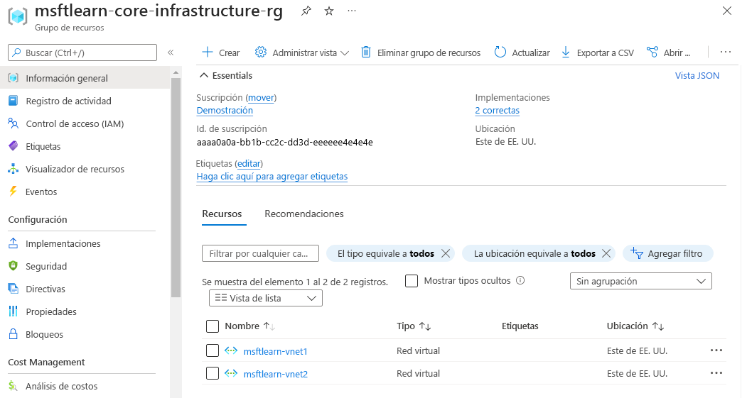 Captura de pantalla de Azure Portal en la que se muestra la información general del grupo de recursos con dos recursos de red virtual.