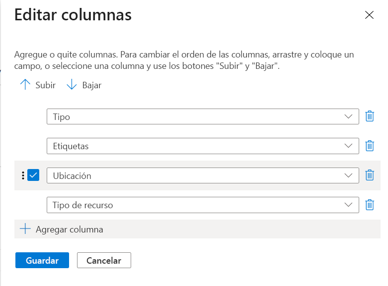 Captura de pantalla de Azure Portal en la que se muestra el cuadro de diálogo Editar columnas con las columnas disponibles a la izquierda y las columnas seleccionadas a la derecha.