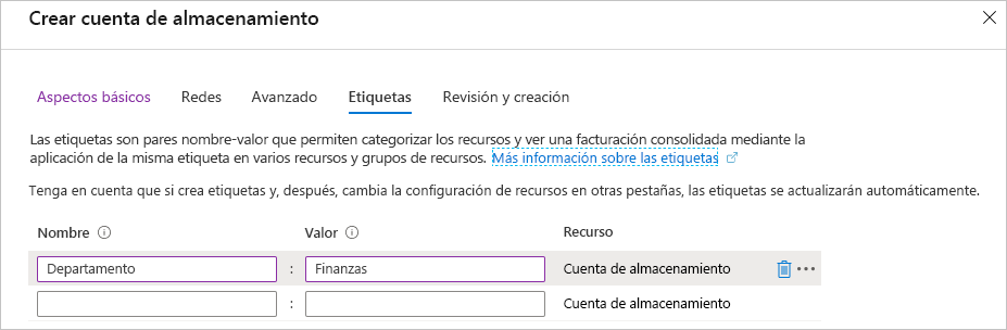 Captura de pantalla de Azure Portal en la que se muestra una nueva etiqueta Departamento para agregar durante la creación.