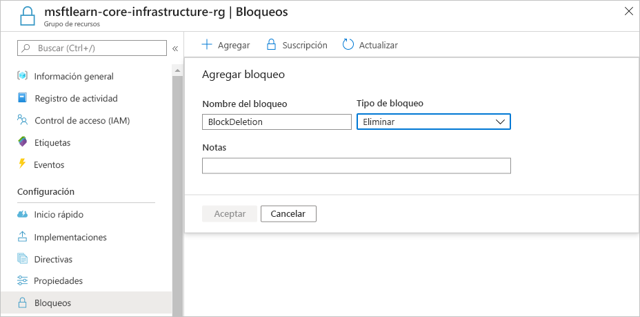 Imagen de Azure Portal en la que se muestra la configuración de un nuevo bloqueo de recursos de eliminación.