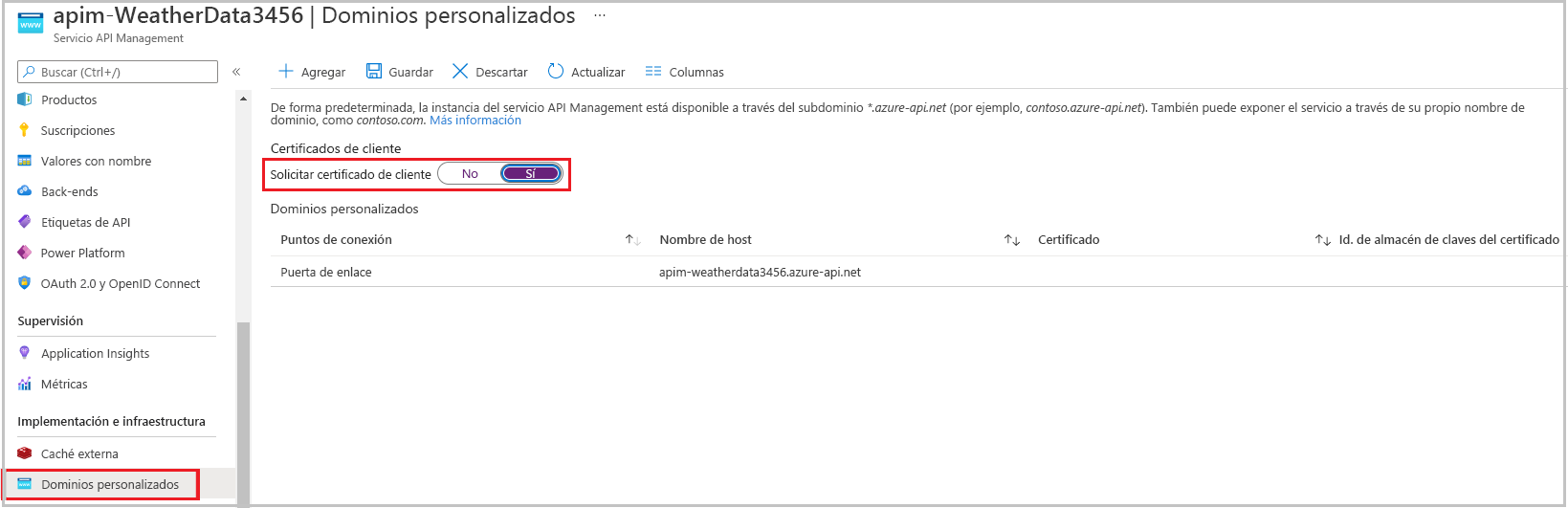 Configure la puerta de enlace para solicitar certificados.