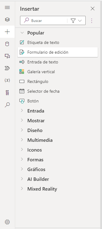 Elementos de menú de la Cinta de opciones de controles de Power Apps para la pestaña Insertar.