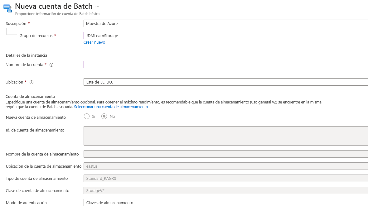 Screenshot that shows the new batch account form.