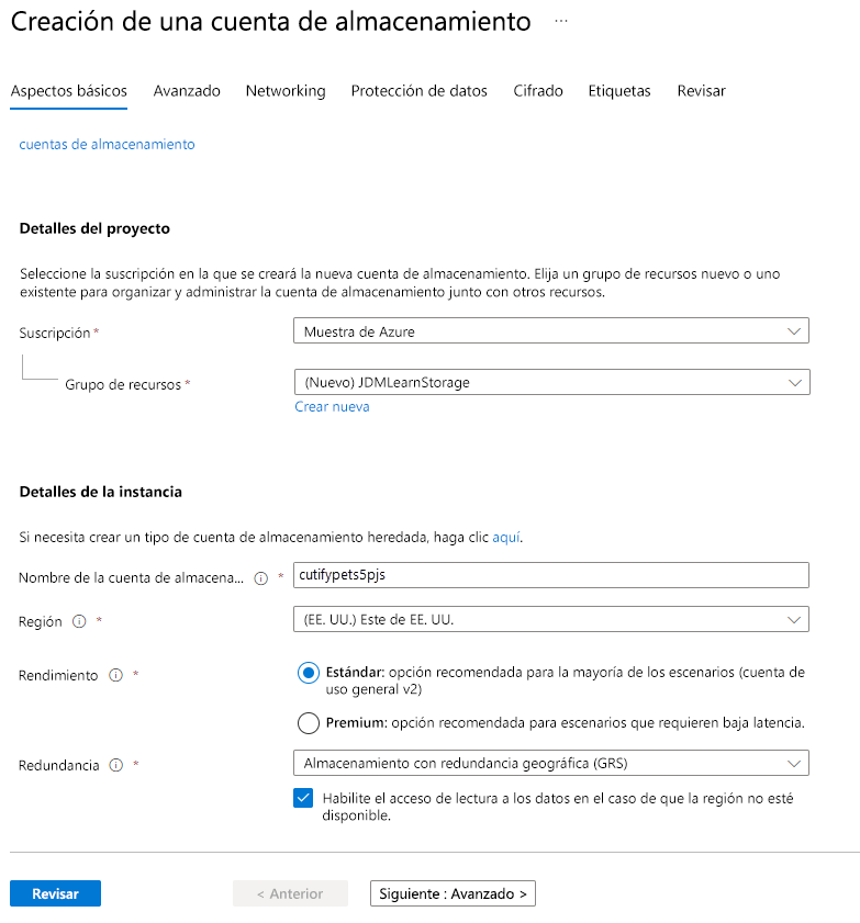 Screenshot of the Create a storage account form.