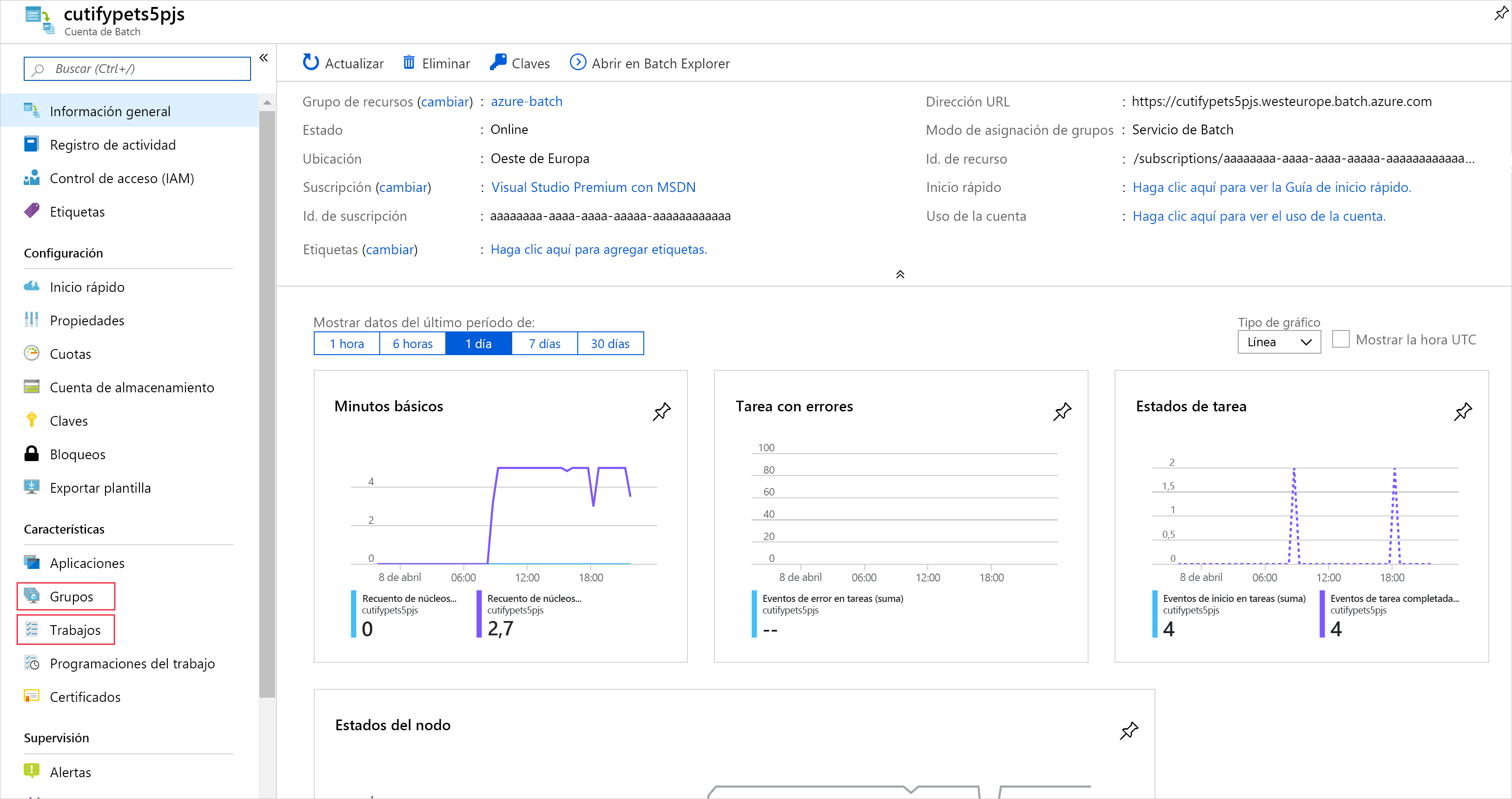 Screenshot of the Overview page of the Batch account.