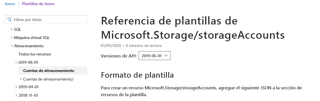 Screenshot of a Microsoft documentation page showing the storage account documentation selected.