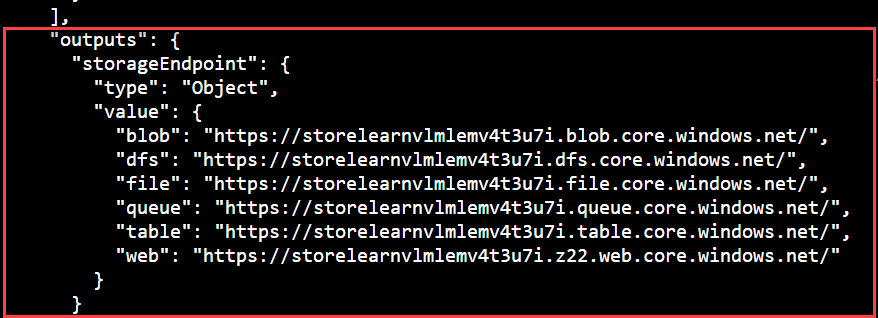 Captura de pantalla de la ventana de terminal en la que se muestran la salida de puntos de conexión principales generados como JSON.