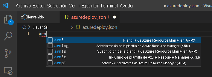 Archivo azuredeploy.json de Visual Studio Code en el que se muestran las opciones de fragmento de código para las plantillas de Azure Resource Manager.