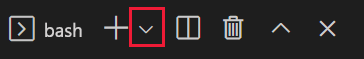 Captura de pantalla de la ventana de terminal de Visual Studio Code, con bash en la lista desplegable.