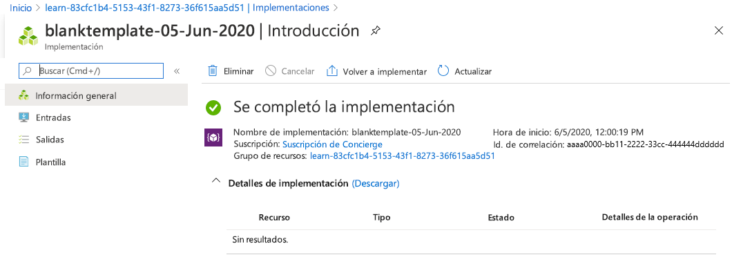 Interfaz de Azure Portal para la implementación específica sin recursos enumerados.