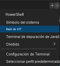 Captura de pantalla de la ventana de terminal de Visual Studio Code, con la lista desplegable de selección del shell.