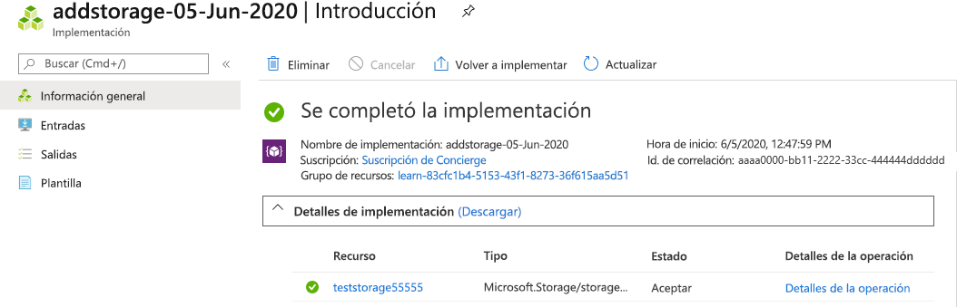 Captura de pantalla de la interfaz de Azure Portal de la implementación específica, con un recurso enumerado.