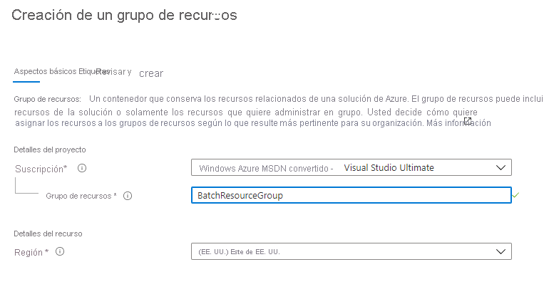 Captura de pantalla que muestra cómo crear un nuevo grupo de recursos en Azure Portal.