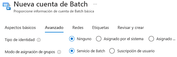 Captura de pantalla de la selección del modo de asignación de grupo en la pestaña Opciones avanzadas al crear una cuenta de Batch en Azure Portal.