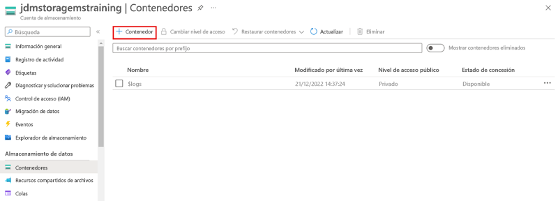 Captura de pantalla de la página Contenedores en Azure Portal, con el botón para crear un contenedor resaltado.