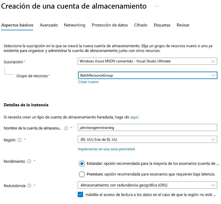 Captura de pantalla del formulario para crear una cuenta de almacenamiento en la pestaña Aspectos básicos.
