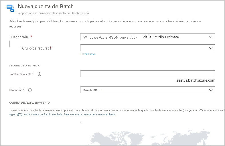 Captura de pantalla de la página para crear una nueva cuenta de Batch en Azure Portal.