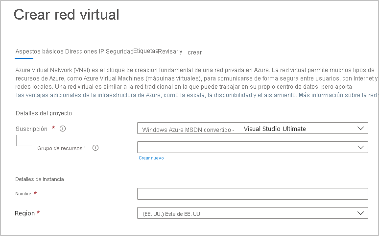 Captura de pantalla de la página para crear una red virtual en Azure Portal.