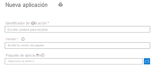 Captura de pantalla de la página para crear un paquete de aplicación en Azure Portal.