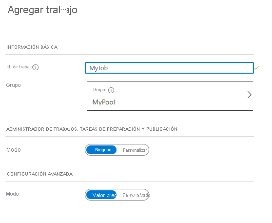 Captura de pantalla de la página para agregar un trabajo en Azure Portal.