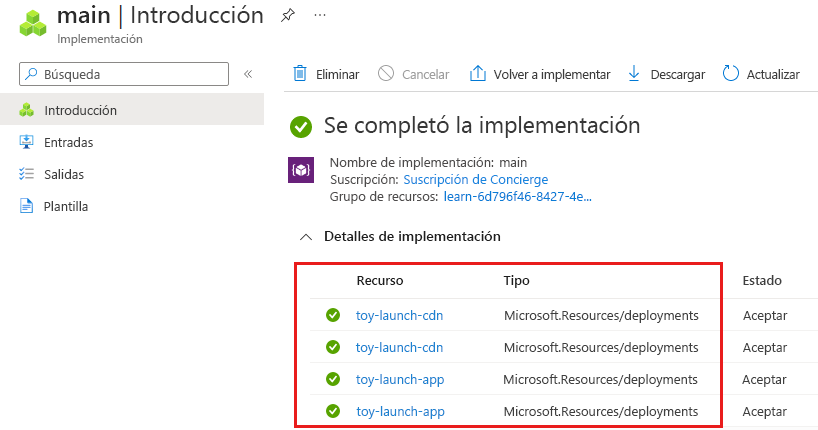 Captura de pantalla de Azure Portal que muestra los detalles de implementación de la implementación principal.