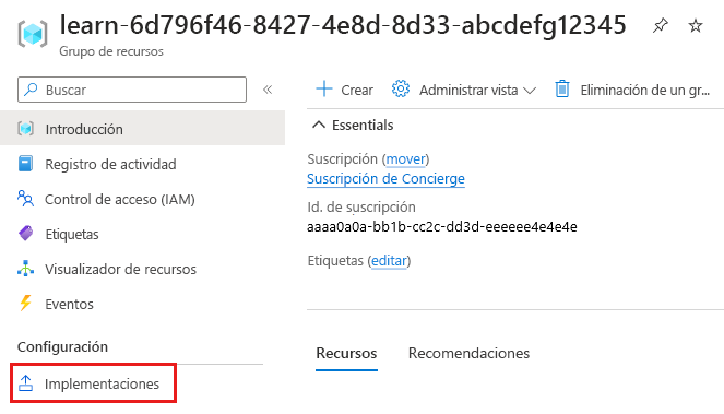 Captura de pantalla de Azure Portal que muestra el grupo de recursos, con el elemento de menú Implementaciones resaltado.