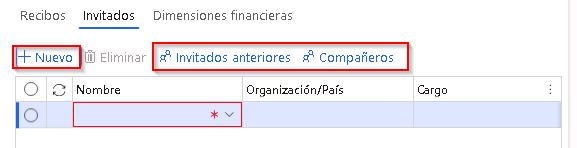 Captura de pantalla de la página Invitados con los botones Nuevo, Invitados anteriores y Compañeros de trabajo resaltados.