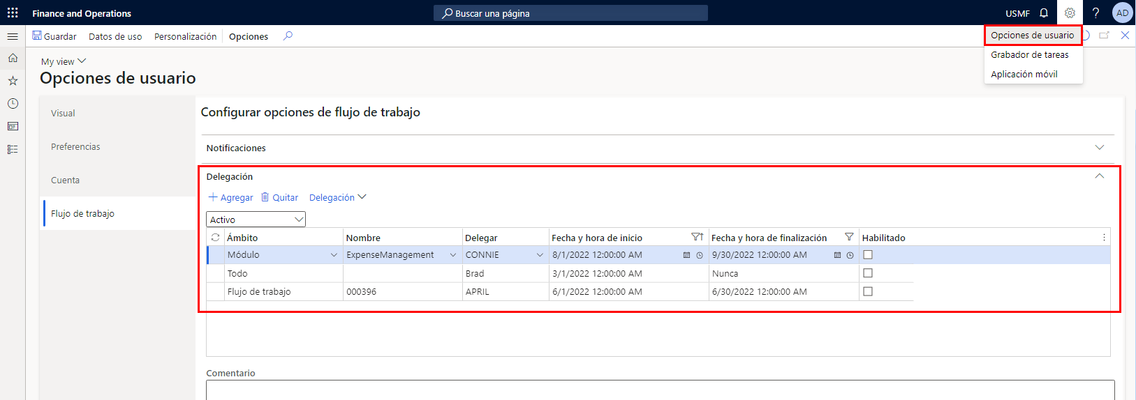 Captura de pantalla de la página Opciones de usuario y la ficha desplegable Configurar opciones de flujo de trabajo