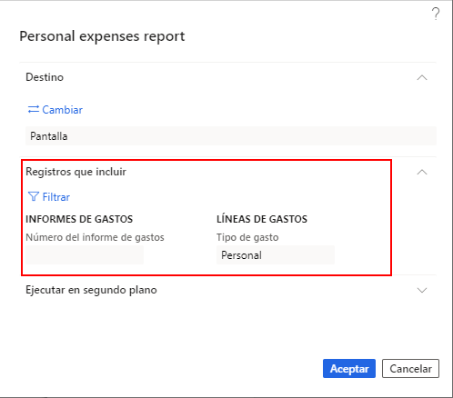 Captura de pantalla de la ficha desplegable Registros que incluir