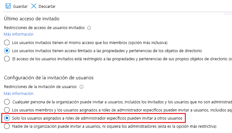 Screenshot that shows the Guest invite settings with Only users assigned to specific admin roles can invite guest users selected.