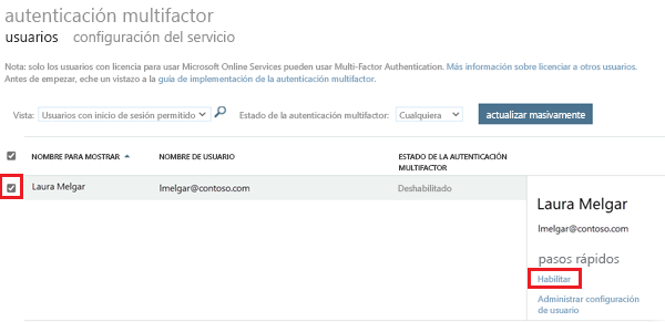Screenshot that shows how to turn on multifactor authentication for a user by using the quick steps link.