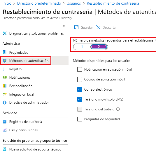 Screenshot of the Azure portal that shows the Microsoft Entra password reset authentication methods pane with number of methods required to reset set to 2.