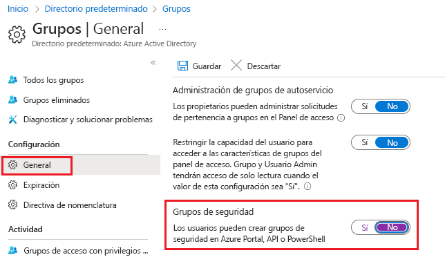 Screenshot that shows the Groups General settings pane, with the Users can create security groups option set to No.