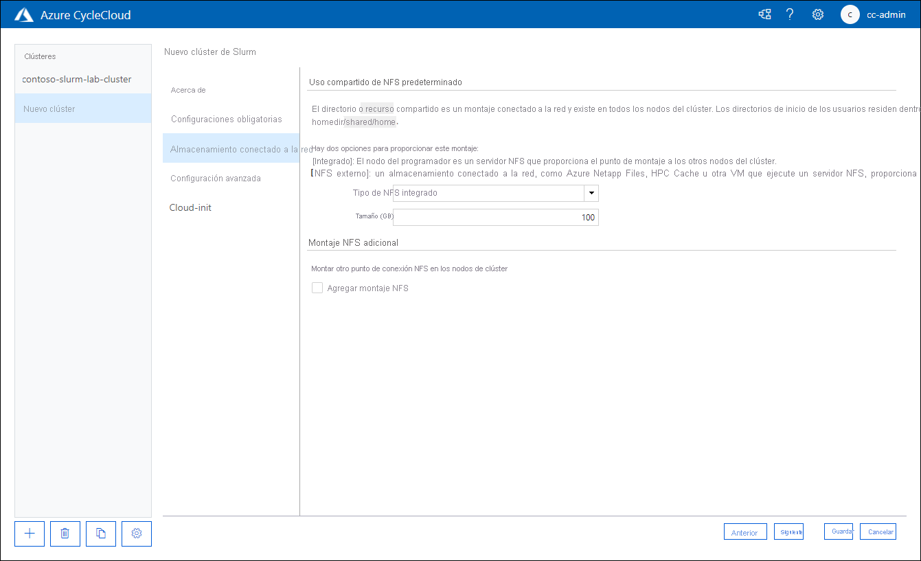 Screenshot of the Network Attached Storage tab of the New Slurm Cluster page of the Azure CycleCloud web application.