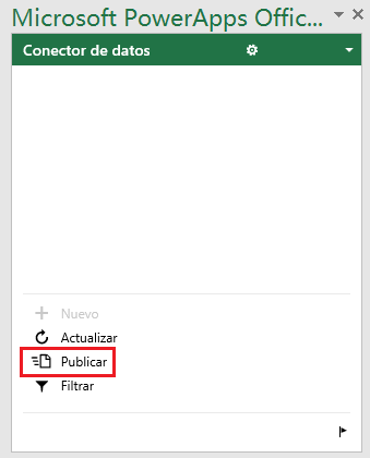 Captura de pantalla del cuadro de diálogo Conector de datos de Power Apps, con un rectángulo alrededor de Publicar