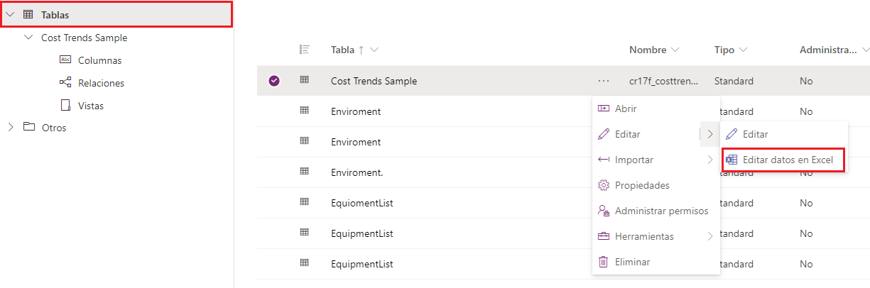 Captura de pantalla del cuadro de diálogo Tablas de Power Apps, con un rectángulo alrededor de Tablas y Editar datos en Excel