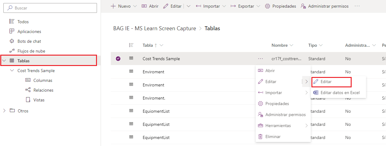 Captura de pantalla del cuadro de diálogo Tablas de Power Apps con un rectángulo alrededor de Tablas y Editar datos