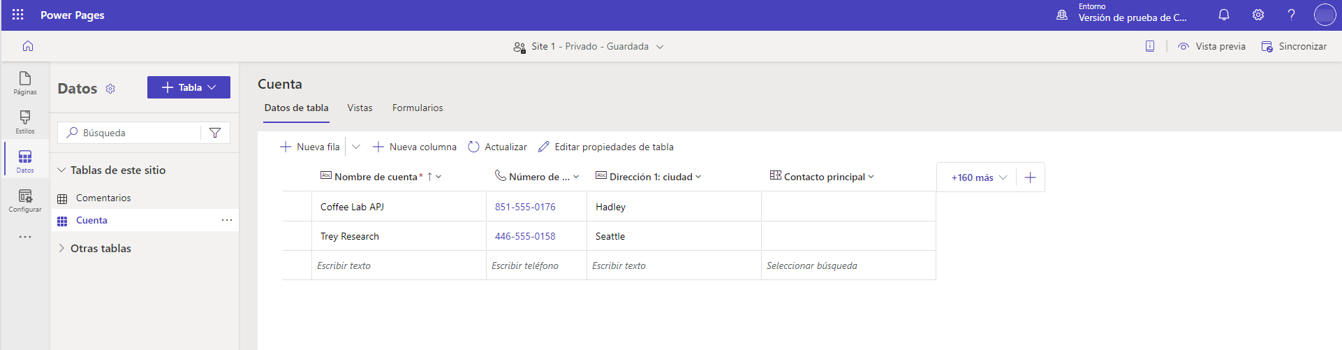 Captura de pantalla del diseñador de tablas del espacio de trabajo de datos, con el que los usuarios pueden agregar datos a su página