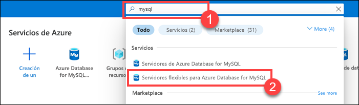 Captura de pantalla de la barra de búsqueda en la parte superior del portal en la que se muestran los resultados de la búsqueda de MySQL.