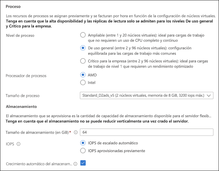 Captura de pantalla de las secciones Proceso y almacenamiento de la página Proceso y almacenamiento de implementación de servidor flexible de Azure Portal.