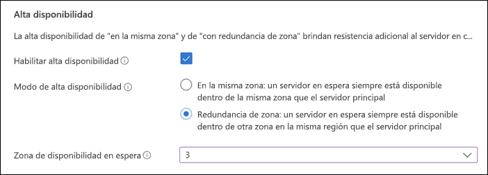 Captura de pantalla de la sección Alta disponibilidad de la página Conceptos básicos de implementación de servidor flexible de Azure Portal.