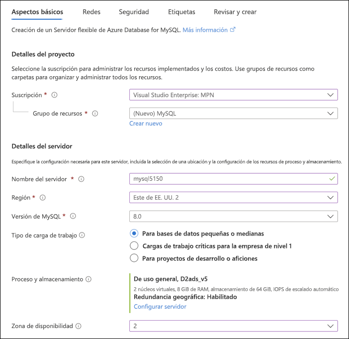 Captura de pantalla de las secciones Proyecto y Detalles del servidor de la página Conceptos básicos de implementación de servidor flexible de Azure Portal.