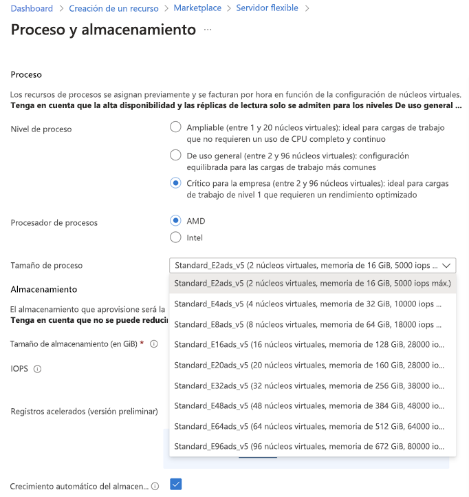 Recorte de pantalla de la sección Proceso de la página Proceso y almacenamiento que muestra las opciones de tamaños de proceso del nivel de proceso optimizado para memoria.